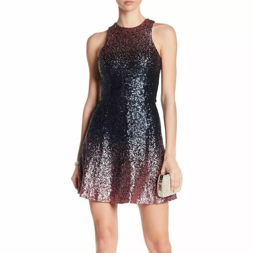 Sequined Ombre Flare Mini Dress - Black to Pink